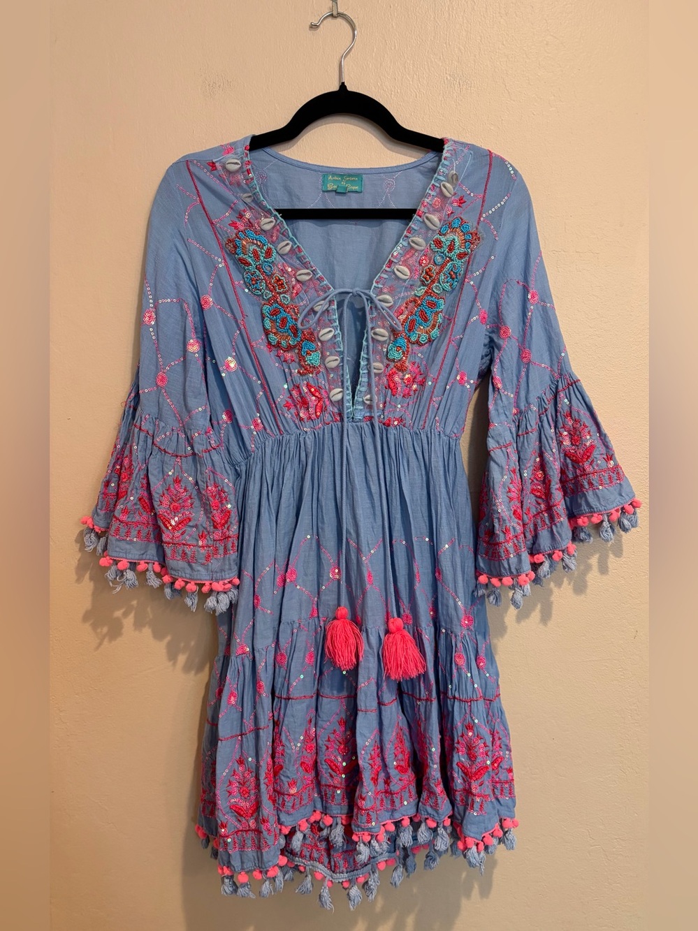 Beautiful Mid-Summer Ocean Blue Mini Dress, w/ Neon Pink Sequins and Seashells - Picture 2 of 11